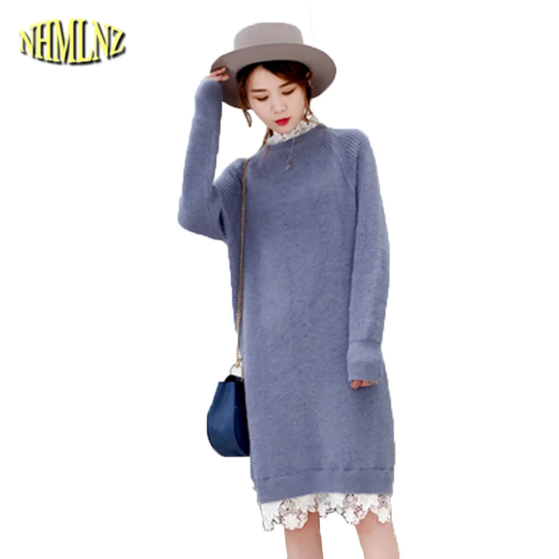 

Bottoming Dress Women 2019 Autumn Loose Dress Long sleeve Round neck Knit Dress Lace Patchwork Sweater Dress Female DAN226