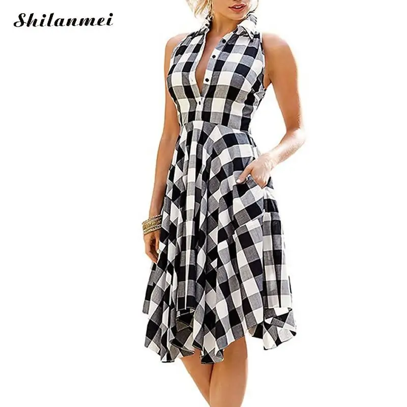 

Plaid dresses Fashion Casual Summer Office Ladies Casual White Gray red Checks Flared Shirt Dress Robes Femme tunika