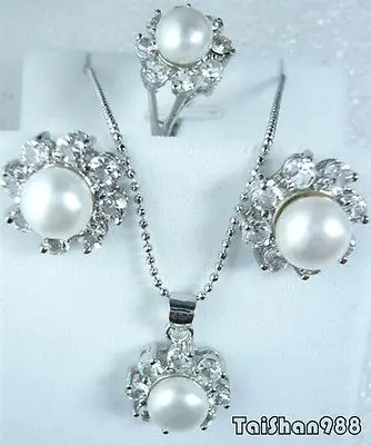 

Hot sale Free Shipping>>>>>Genuine White Pearl 18KWGP Crystal Pendant Necklace Ring Earrings