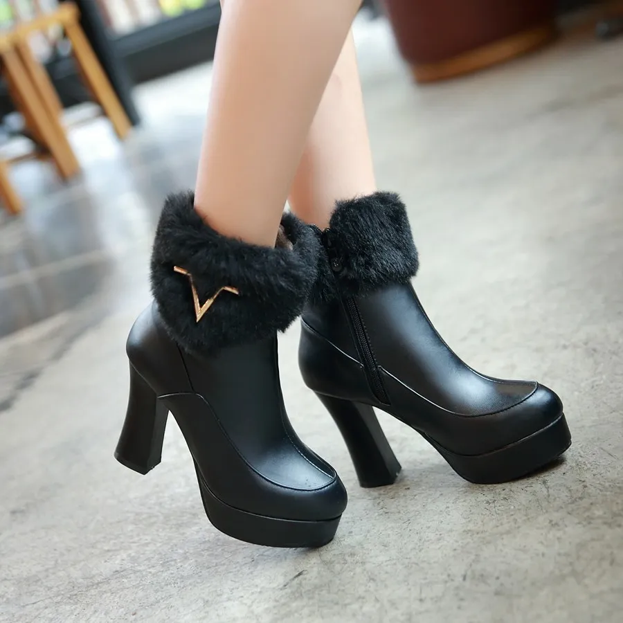 

2018 Women Leather 10cm High Heels Ankle Boots Winter Autumn Bootee Plush Snow Boots Female Platform Plus Size 43 Girls Shoes