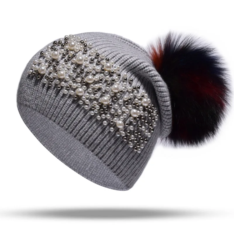 Women Winter Hat Wool Knit Raccoon Pom Pom Cap Warm Ski Outdoor Accessory  (10)