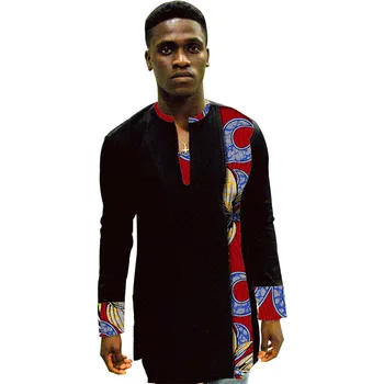 

African fashion men's long shirts black with print Ankara tops dashiki shirt men stand collar patchwork shirt wedding wear