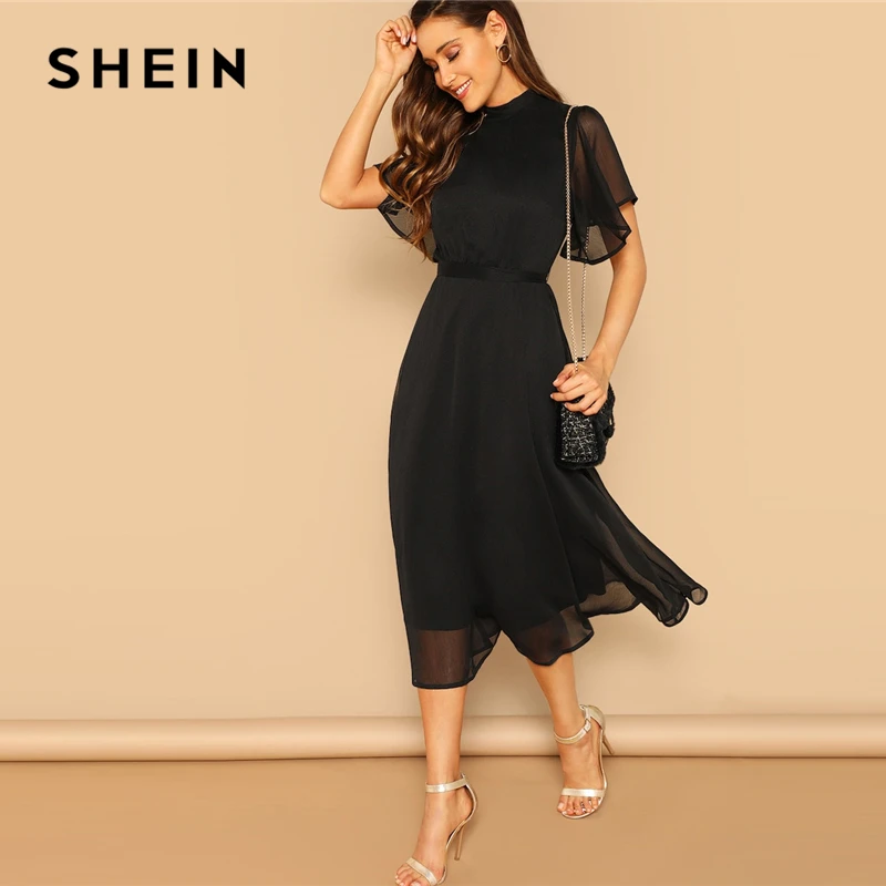 SHEIN Однотонное Прозрачное Платье С Оригинальным Рукавом Женское Летнее Элегантное Платье С Короткими Рукавами И Стоячим Воротником