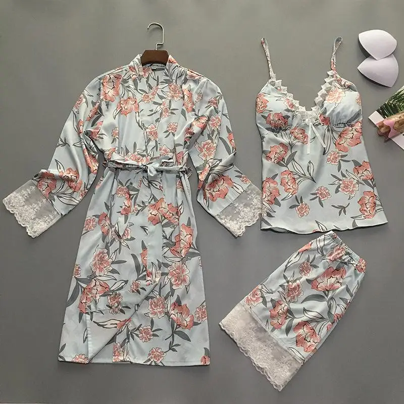 Пикантные Домашняя одежда пижамы Для женщин 5 шт ремень Топ и штаны костюм пижамы наборы Весна Летняя одежда для сна банный халат-кимоно халат M-XL - Цвет: C - 1