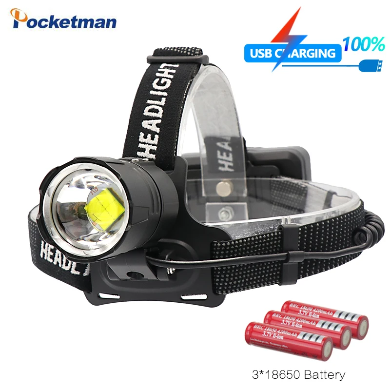 Самый мощный XHP70 светодиодный налобный фонарь для рыбалки, кемпинга, налобный фонарь с масштабированием, с USB входом/выходом, 3*18650 фонарик с батареей