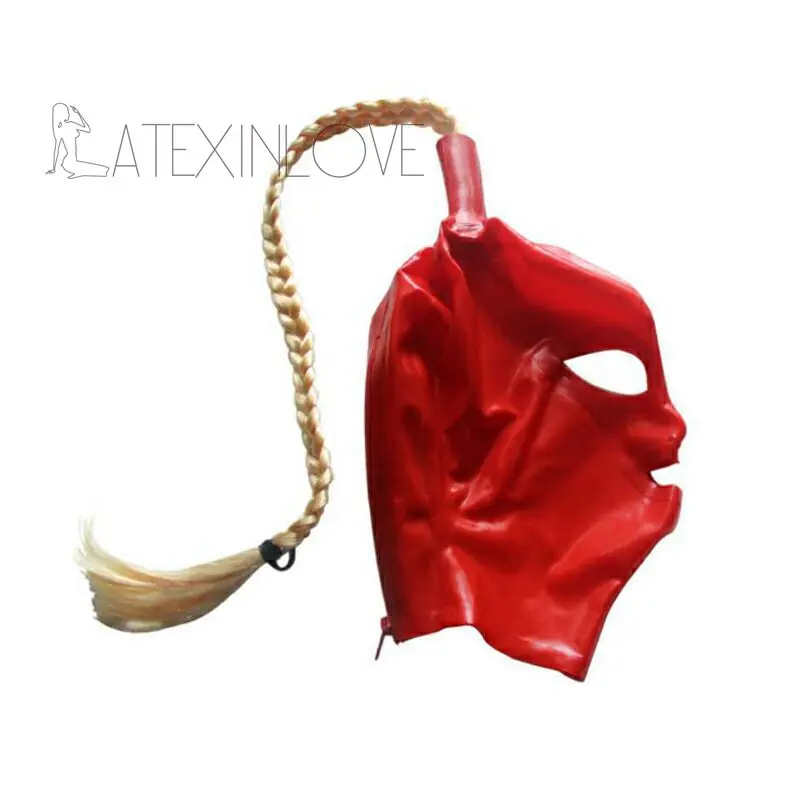Sexy-Red-Latex-Hood-Mask-Fetish-Blond-Braids-Open-Red-Eyes-Mouth-Back-Zipper-with-One-Pigtails