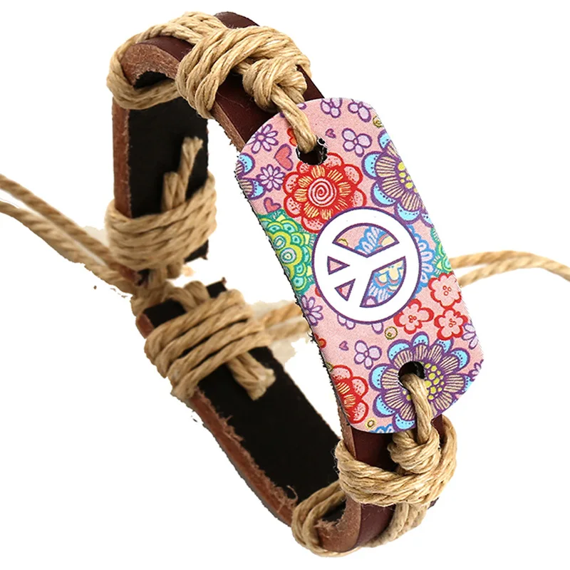 

Gnova New Hippie Genuine Leather Bracelet Fashion Summer Girl Beach Jewelry Rastra Rope Bracelet Love Peace Rainbow