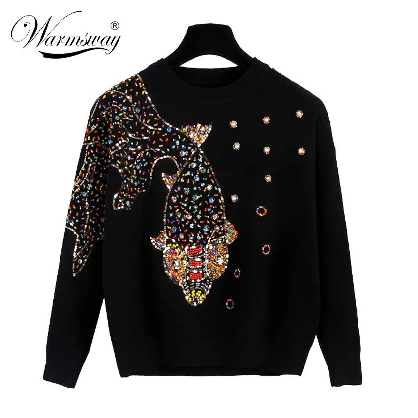 Autumn Female Brand Designer Fashionable High Street New Pullovers Round Neck Cable Knit goldfish bead Sweater C-139