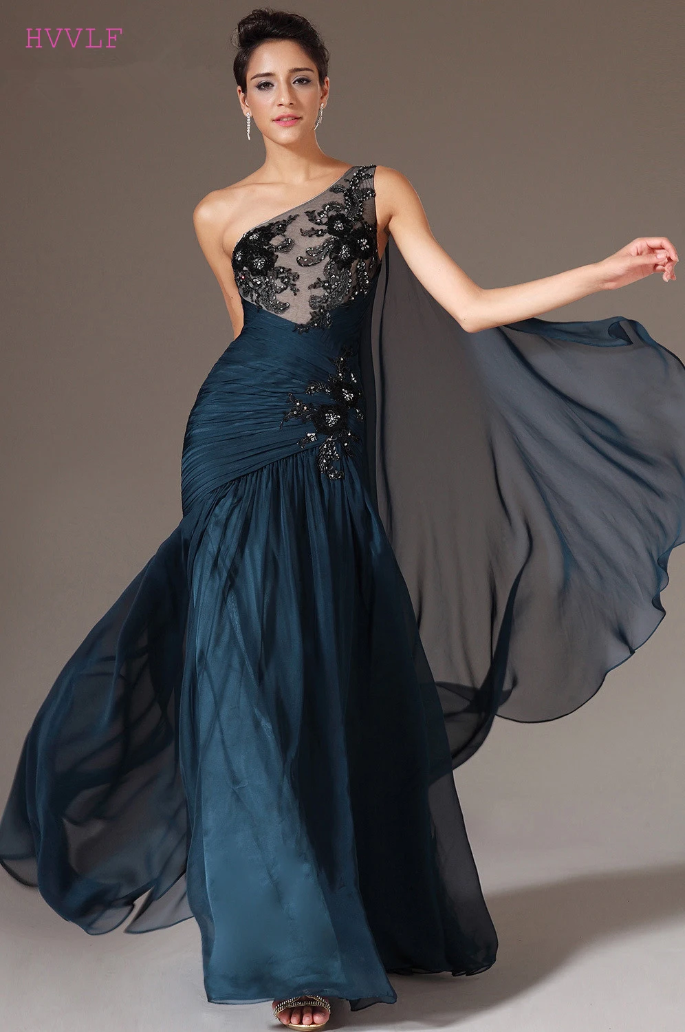 Dark Blue Evening Dresses 2018 Mermaid One shoulder Chiffon Beaded See