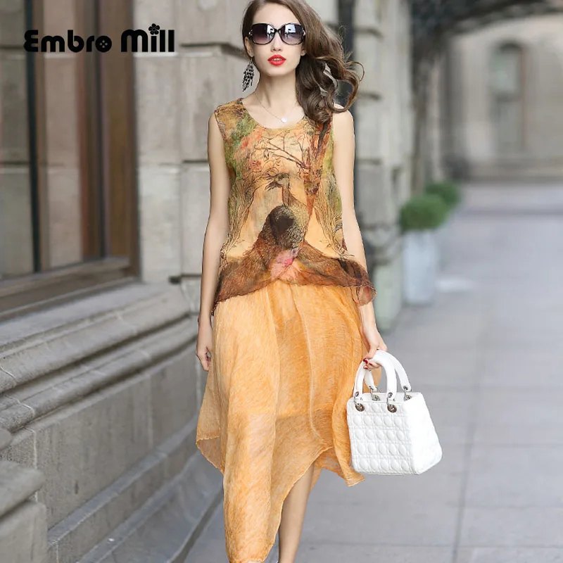 

The New summer Street style silk printing sleeveless dress woman 2019 elegant vitality Slim dress M-XL