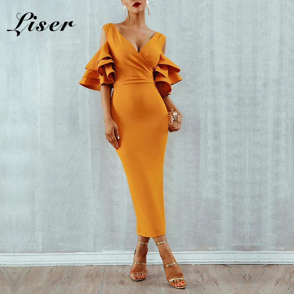 

Liser 2019 New Spring Women Dress V Neck Ruffles Dress Sexy Bodycon Elegant Celebrity Party Yellow Dresses Vestidos Wholesale