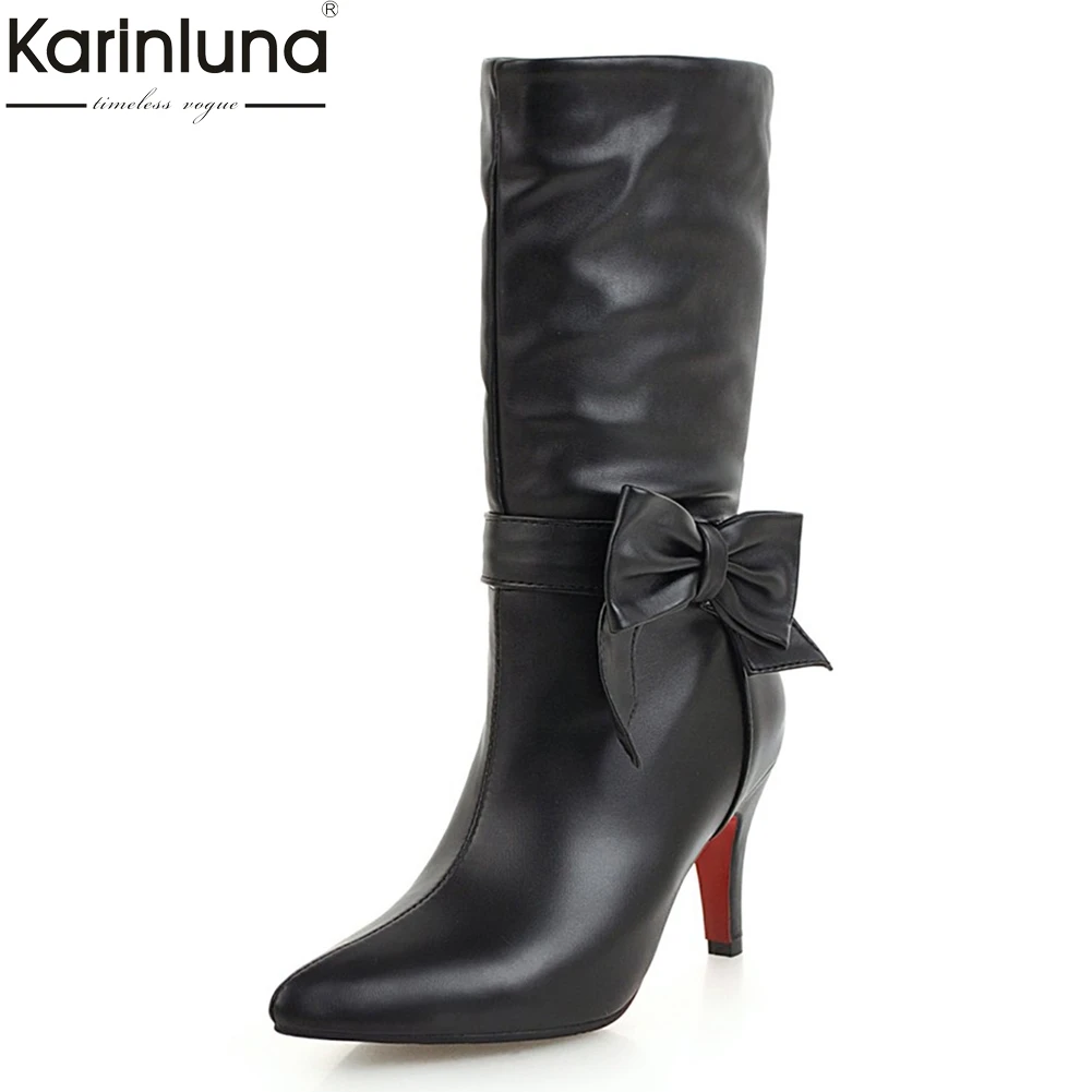 

KARINLUNA Plus Size 34-43 Fashion Bowtie Black Women Shoes Woman Boots Thin High Heels Winter Boot Mid Calf Boots Woman Shoes