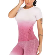 Летняя новая женская футболка тренды градиент фитнес Йога с коротким рукавом спортивные топы Йога Рубашка