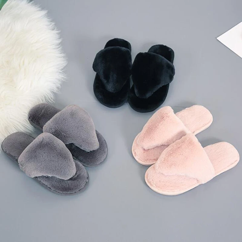 Women Slippers Winter Shoes Flat Sweet Slippers Woman Indoor Shoes Fur Warm Soft Slip On Black Pink Grey Female Slipper dd055