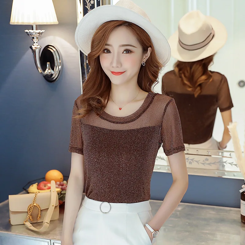 

2019 short-sleeved summer new silver mesh gauze shirt Slim round neck lace bottoming shirt women