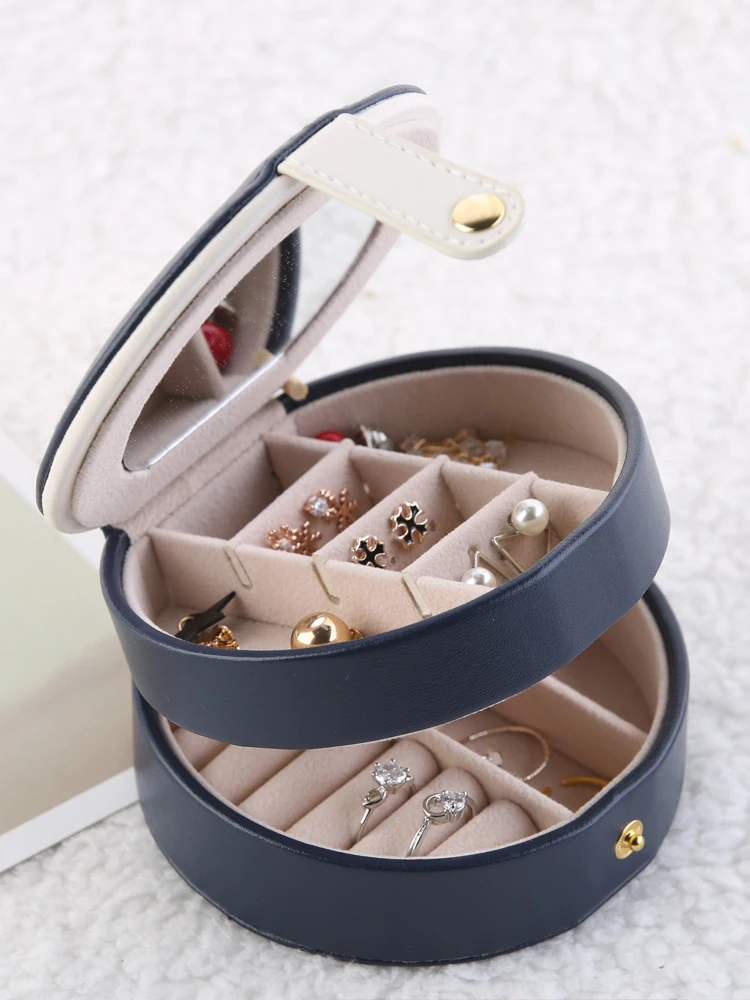 

Portable Jewelry Box Round PU Leather Mini Earrings Hand Jewelry Storage Box Female Travel Ornaments Storage Box Holder