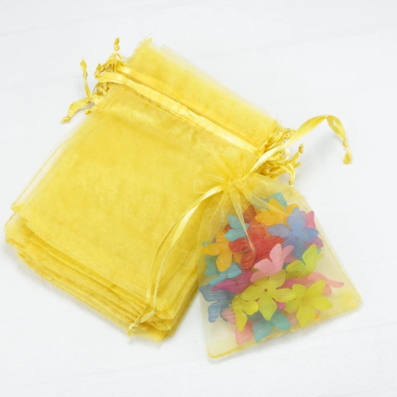 Wholesale 100pcs 7x9cm Drawable Gold color Small Organza Bags Wedding