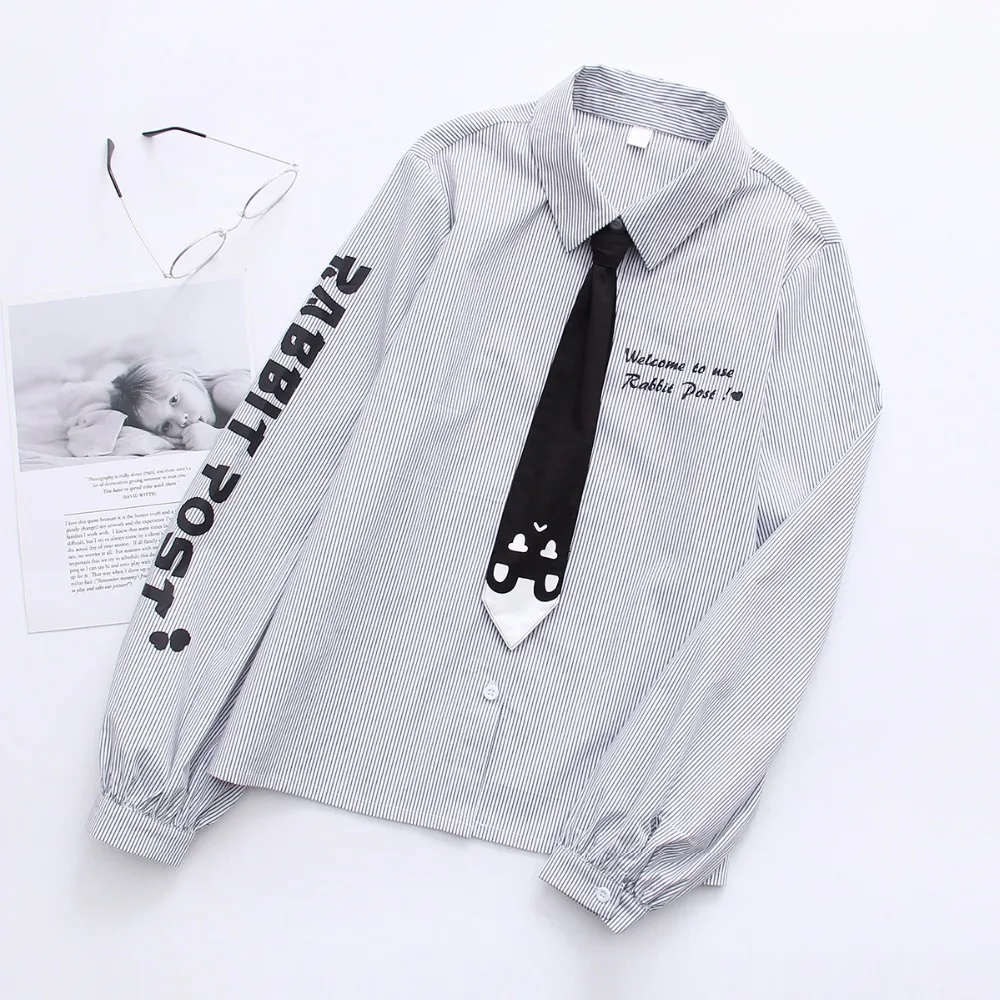 2018 spring long sleeve blouse letters printed harajaku stripe women blouses with tie turn down collar student cotton tops shirt 2018 spring long sleeve blouse letters printed harajaku stripe women blouses with tie turn down collar student cotton tops shirt