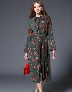

2017 O-Neck Spring Autumn High Quality Speaker Sleeves Vintage Dress Flower Floral Print Dress Elegant Dresses