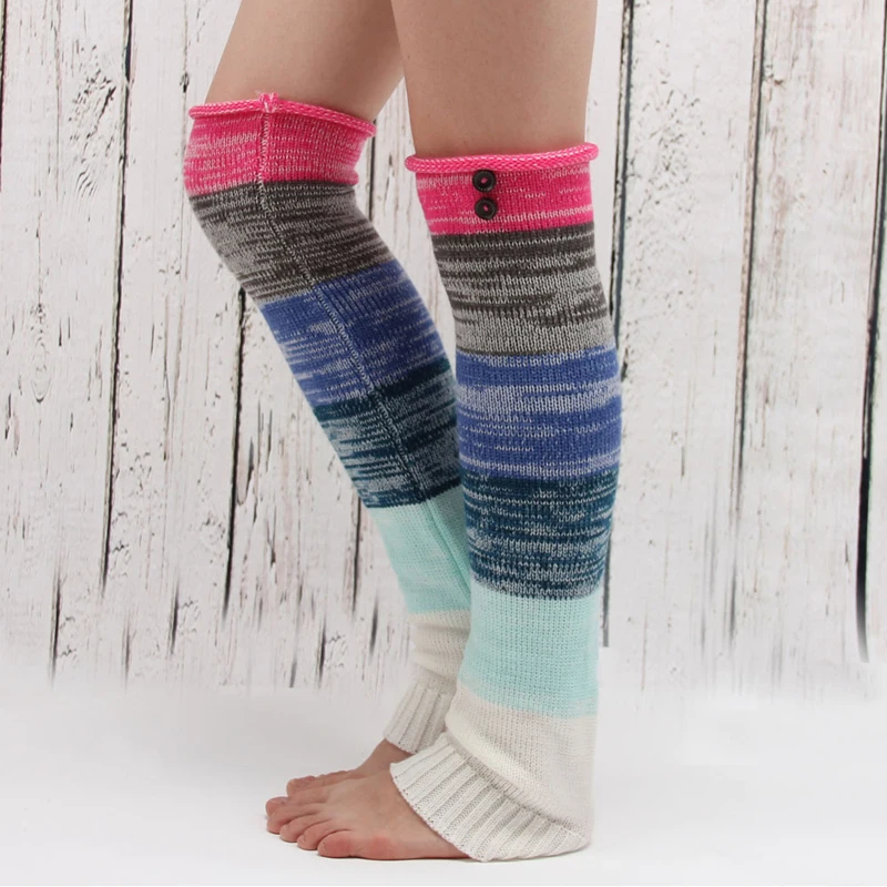 

2016 new color stitching long section of the knee button wool sock knitting warm booties autumn and winter