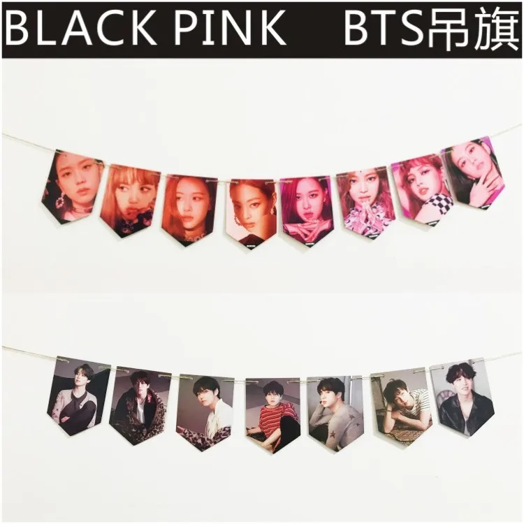 

KPOP BLACK PINK BTS Waterproof Paper Flag HD Poster Hang up Photo Flags With 2m String Star Collection Home Decor
