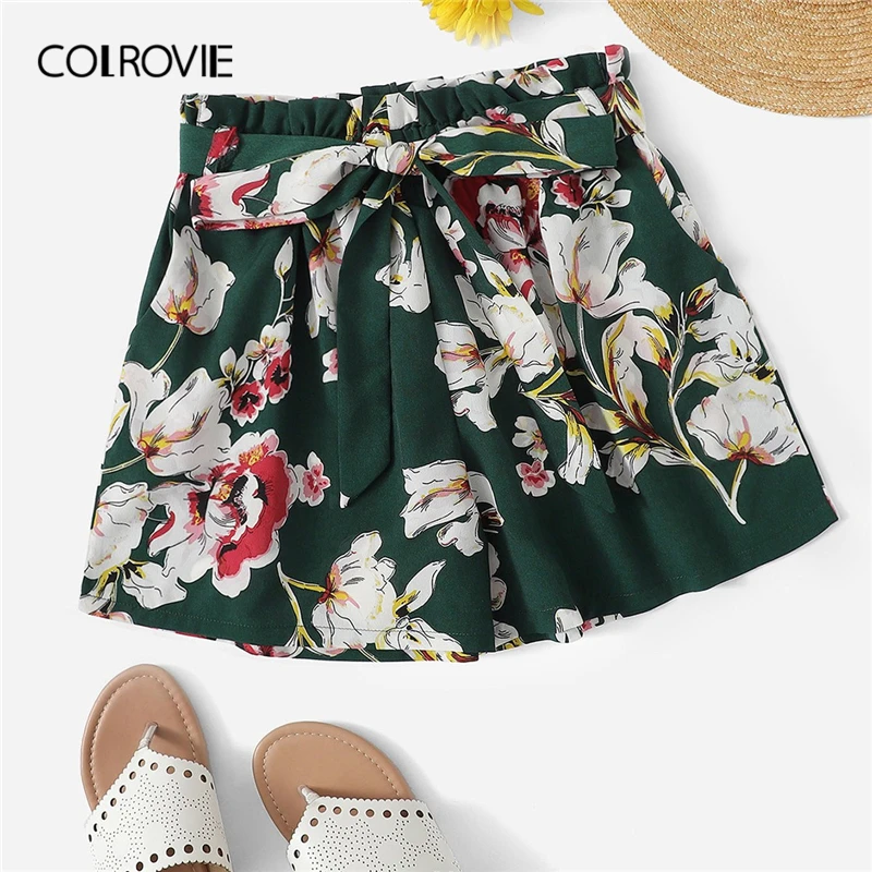 

COLROVIE Green Self Tie Floral Print Elastic Waist Boho Summer Shorts Women 2019 Summer Wide Leg Belted Beach Casual Shorts