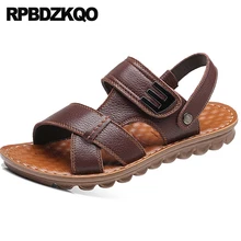 Мода обувь на открытом воздухе надевать дизайнер слайды водонепроницаемый повседневная домашние тапочки Мужские сандалии кожаное лето ремень плоские мягкий воды