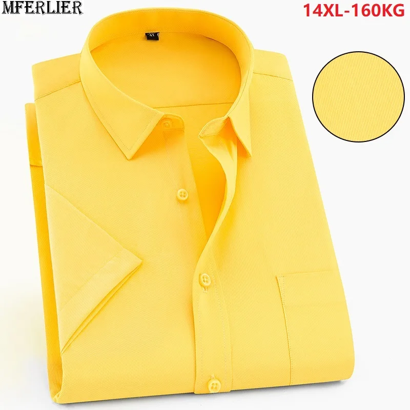 

summer men yellow cotton shirts simple office short sleeve mens work shirt formal large size big 8XL 9XL 10XL 12XL plus 58 150KG