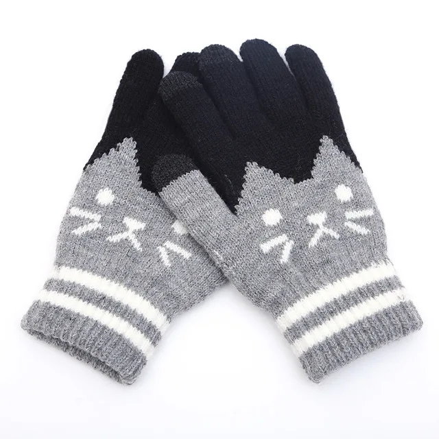 Cute Kitty Five Fingers Women's Knitting Touch Screen Gloves Jacquard Touch Screen Fingers Fashion Warm Gloves B46 - Color: Gray