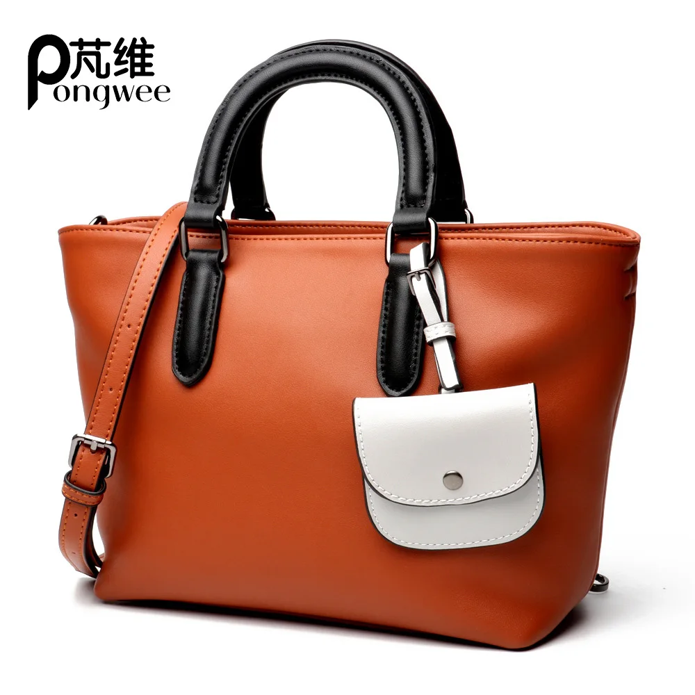 

PONGWEE 2018 New Arrivaled Lady Female Bag Fight Color Shoulder Portable Genuine Leather Handbag Fashion Bags Women Crossbody