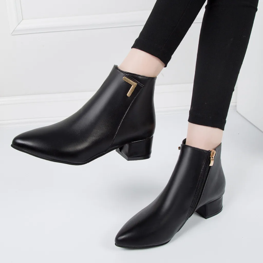 

Solid Leather Boots Woman Zipper Martin Boots Winter Short Ankle Booties Pointed Toe Thick High Heels Chelsea Botas Snow Shoes