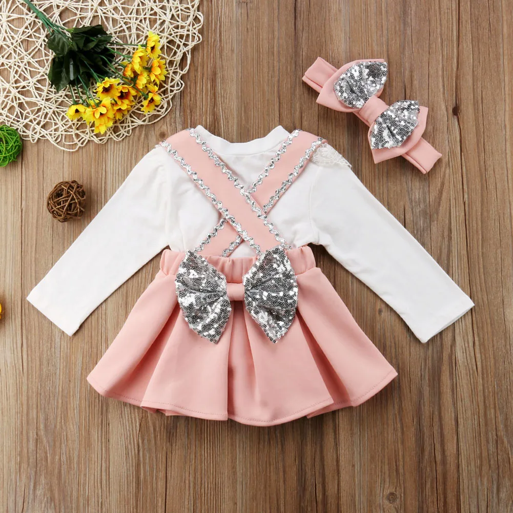 Модные кружевные топы для маленьких девочек; комплект одежды из 3 предметов с блестками и ремешком; одежда