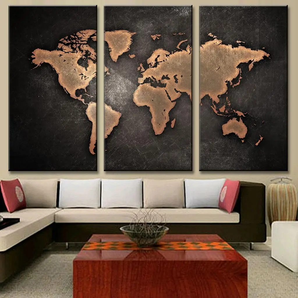 New 3 Pcs/Set Classical Black World Map Print On Canvas