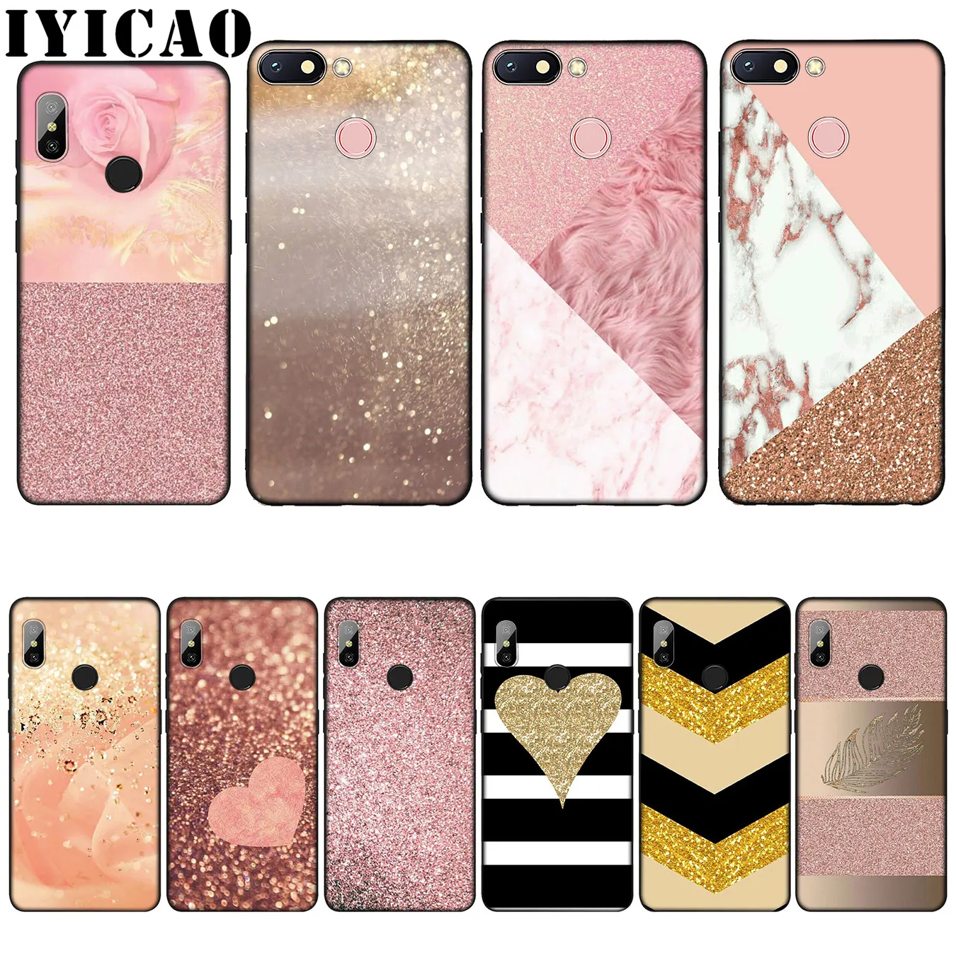 IYICAO Gold Pink rose Glitter Dust Silicone Soft Case for Xiaomi Redmi 6A 5A Note 7 4 4X 5 Plus 6 Pro Black TPU Cover |
