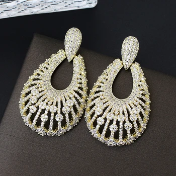 

Hollow Luxury Earrings Cubic Zircon Paved Copper Gold Plating Drop Earrings for Women Wedding Bride Jewelry XIUMEIYIZU Brand