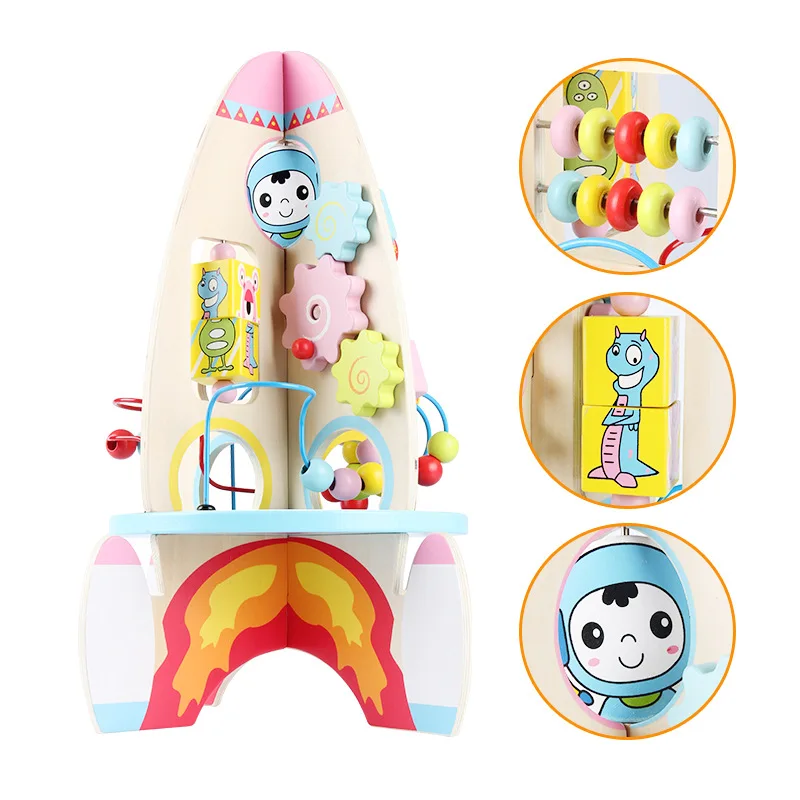 

Healthy wood toy Multi-function Rocket model 3D Astronaut Large bead beading game Creative children educational toys Pretty gift