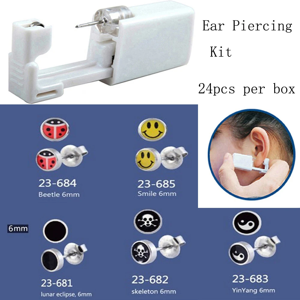 24pc Disposable Safe No Pain Sterile Logo Ear Stud Earring Stude Piercing Gun Piercer Tool Kit Machine Kit Earring Units Jewelry 3