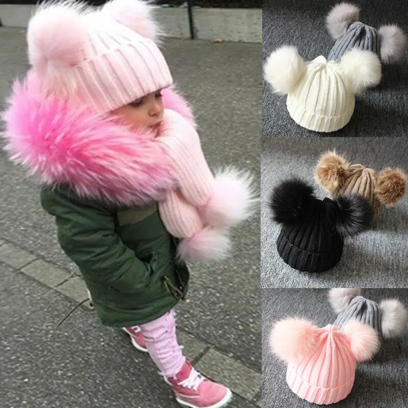 

Autumn Unisex Infant Baby Warm Winter Knit Beanie Double Fur Pom Bobble Hat Crochet Cap Newborn Baby Hat