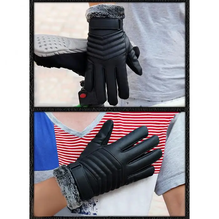 1 пара Для мужчин Synthenic PU перчатками Сезон Зима; «Five Finger», «запястья перчатки из нержавеющей стали шерсти уплотненные касаний Экран меховые