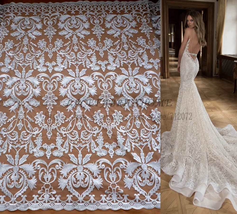 

La Belleza Off white lace fabric 47'' width polyester on mesh embroidered