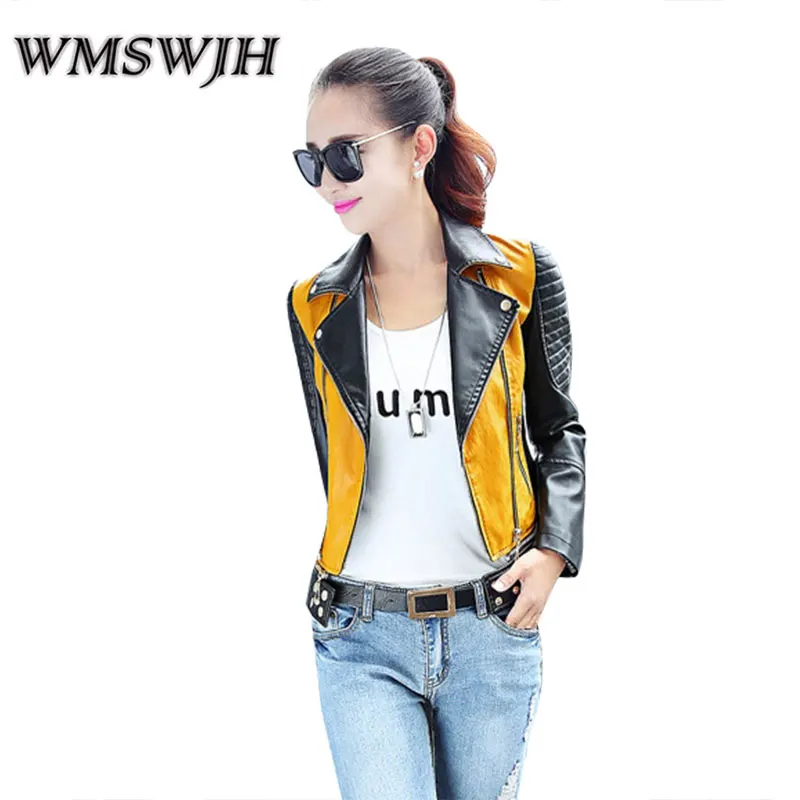 

Wmswjh PU women's leather motorcycle jacket spring-autumn zipper patchwork female leather jacket Fashion coat Large S-3XL sizes