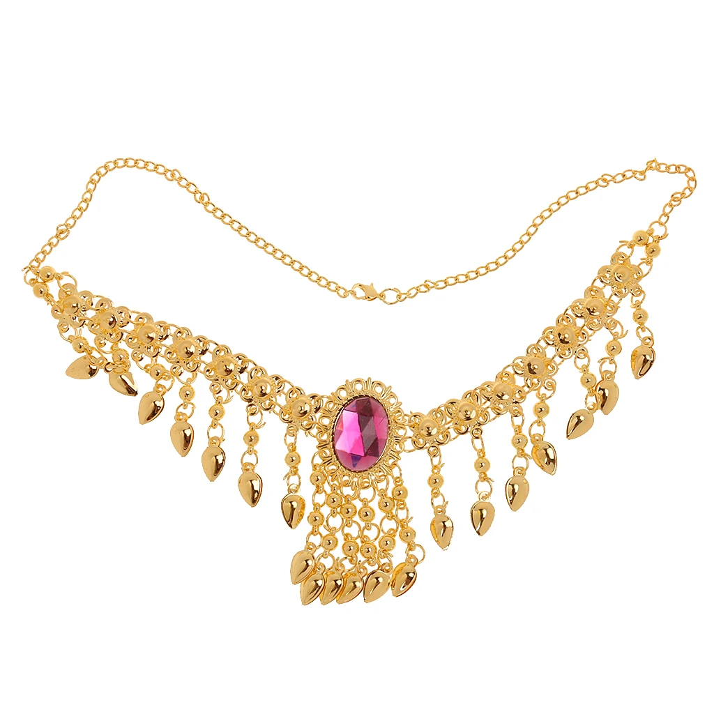 Phenovo Ladies Bridal Party Costume Necklace Earrings Headpiece Hand Jewelry for Parties Belly Dancing -Rose red