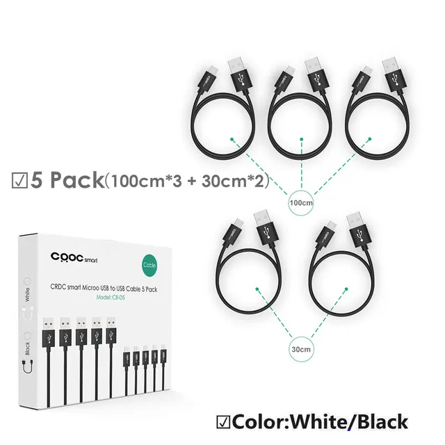 CRDC Micro USB Cable 2A 1/3/5 Pack Quick Charge Fast Data Sync Charging Android Mobile Phone Cable for Samsung Huawei Xiaomi etc