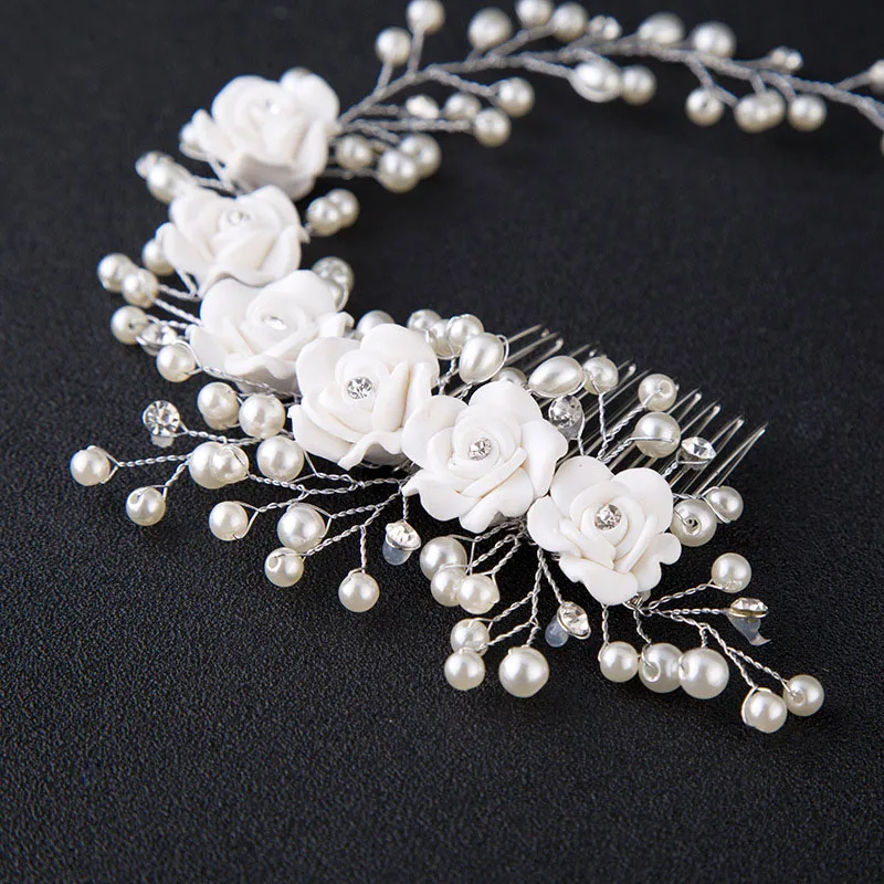 New Hair Accessories For Women Pearl Flower Hairband Wedding Bride Tiaras Crown Headband Hair Comb Clips coroa de noiva Jewelry - Image 3