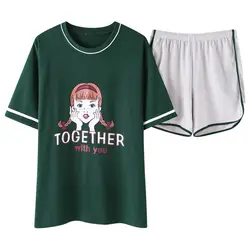 Корейский печати девушка 2019 летние пижамы для женщин хлопок пижамный комплект эластичный с коротким рукавом талии пижамы, одежда для