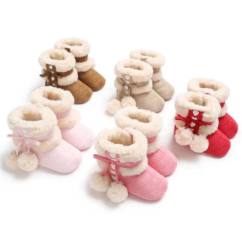 

New style Winter Keep warm Baby boots with ball Heart-shaped First walkers Rubber sole Anti-slip princess Infant crib shoes