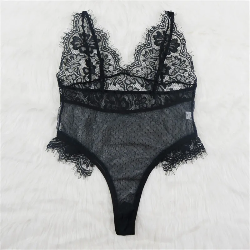 New Women Sexy Lace Mesh Bodysuit Deep V Perspective Rompers Women Jumpsuit Playsuit G-string&Thong Femme Nighwear Sleepwear Hot