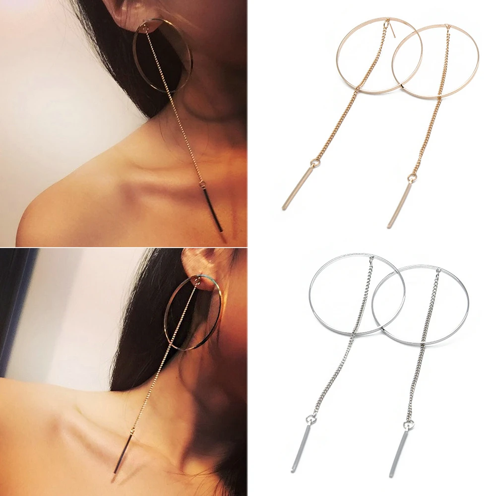 

Fashion Women Girl Big Round Metal Hollow Long Chain Tassel Drop Dangle Ear Stud Earrings Gold Silver Elegant Earrings Jewelry
