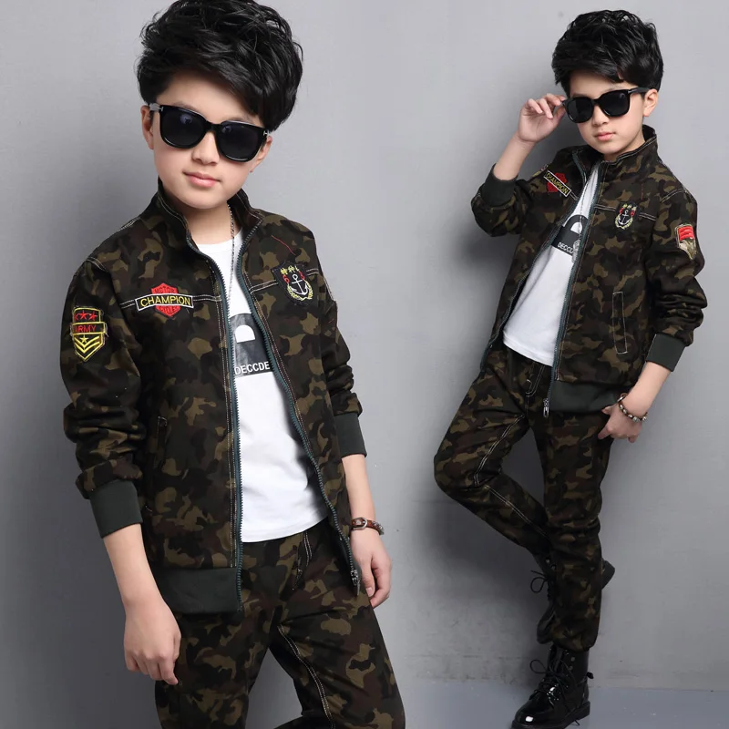 

2018 Spring Autumn Boys Camouflage Suit Children's Army Uniform Kids Military Uniform Clothes Teenage Kids Sports Tracksuit A169
