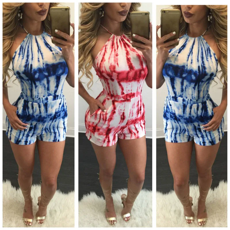 Новый для женщин Сексуальная спинки Холтер Tie Dye Playsuit модные летние женская одежда короткий комбинезон